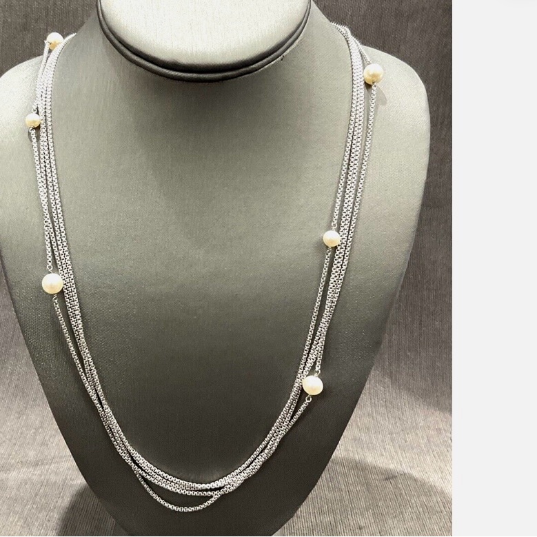 David Yurman Sterling Silver 4-Strand Box Chain Layered Pearl Necklace 999$